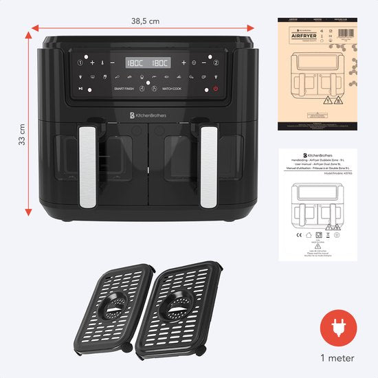 KitchenBrothers Airfryer – Dual Zone & 10 Programma's – 2400 W – 38.8 x 36.5 x 31.8 cm – Zwart
