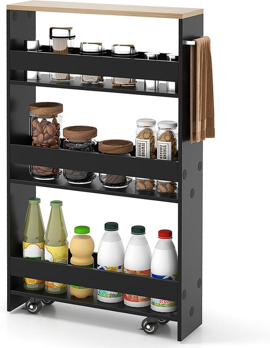 COAST Smal Opbergrek op Wieltjes – 4 Niveaus – Met Houten Bovenblad en Handdoekhouder – 48 x 13 x 81 cm – Zwart/Bruin
