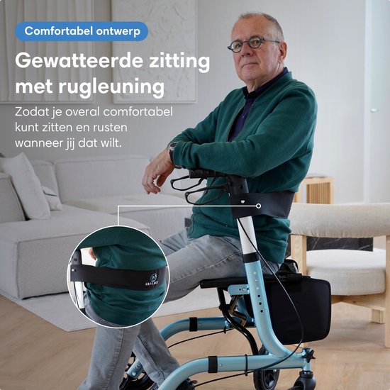 SafeLife® Rollator lichtgewicht en opvouwbaar - zitfunctie - voor binnen en buiten - Rugleuning en wandelstok houder - Blauw