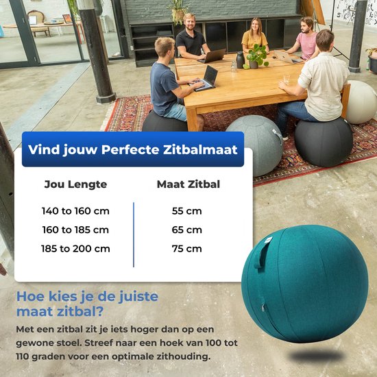Backerz Zitbal 65 CM - Zitballen met Hoes Linnen - Ergonomische Bureaustoel Kantoor en Thuis - Luxe Yoga Bal - Groen Blauw