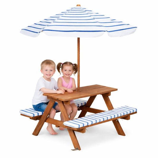 Pro Garden Picknicktafel voor kinderen - blauw/wit - 75 x 75 cm - hout/polyester - incl parasol - incl 2 kussens - tuinset