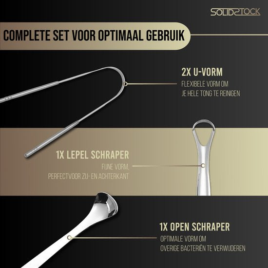 SolidStock Professionele Tongschraper - 5 in 1 Set - Voor Mondverzorging - Tongreiniger - Tongborstel - Ayurveda - RVS