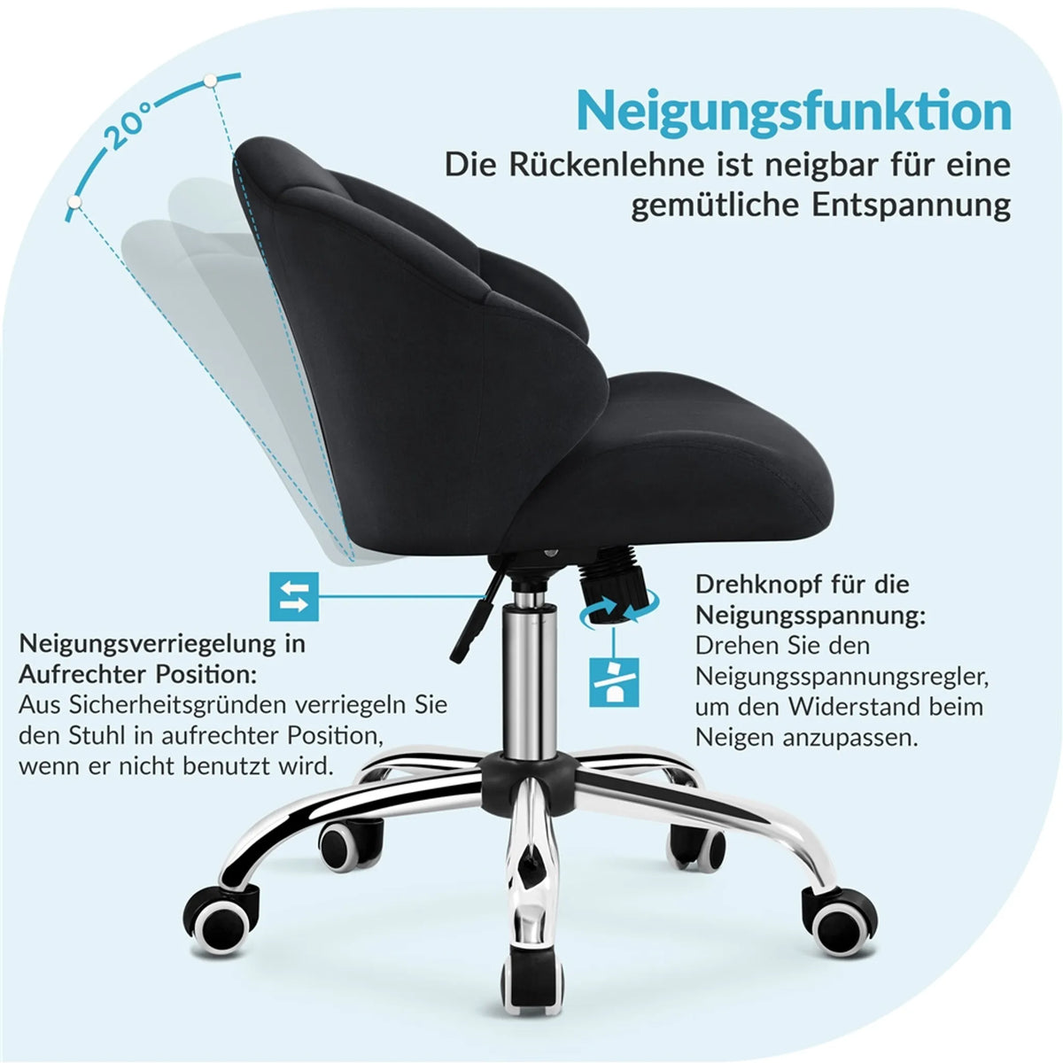 Yaheetech Elegante Draaistoel met Schelpdesign 76,5-86 cm – Strak Zwart – Polyester en Metaal
