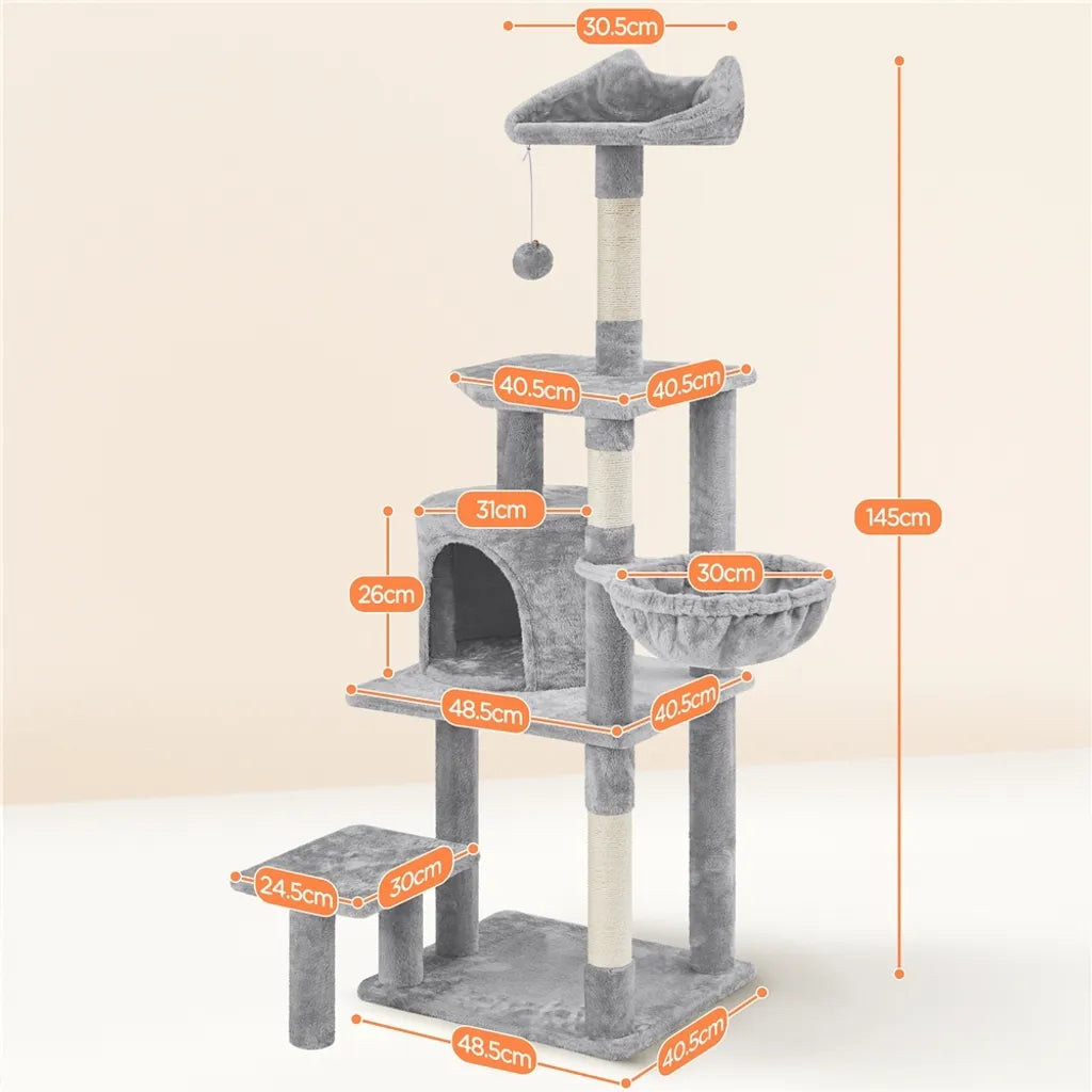 Yaheetech Krabpaal 145 cm - Lichtgrijs - Kattenboom met Kattenhuis, Hangmand en Uitkijkplatform