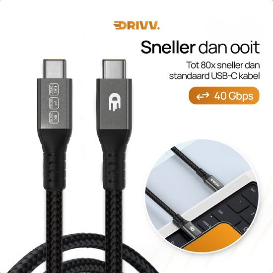Drivv. USB C naar USB C Kabel 4.0 - Gen 3 - 240W Snellader - 8K 60Hz - 40Gbps - 1 Meter - Nylon - Zwart