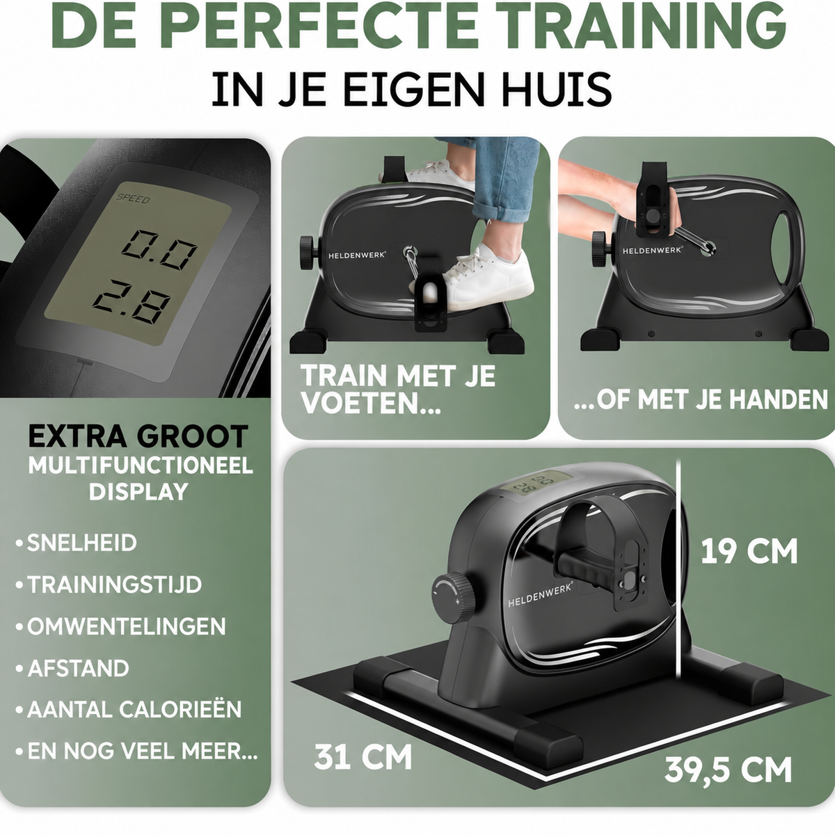 Heldenwerk Stoelfiets voor Armen en Benen – Compacte Mini Hometrainer voor Thuis – Met Weerstand en Trainingsdisplay – Inclusief Antislipmat en Bevestigingsriem – Zwart – 40 x 35 x 30 cm