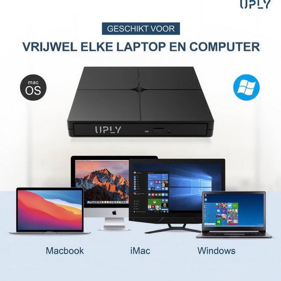 UPLY Externe DVD Speler - Windows en Mac - USB C en USB 3.0 - Externe DVD Speler voor Laptop - Externe DVD Speler en Brander - CD