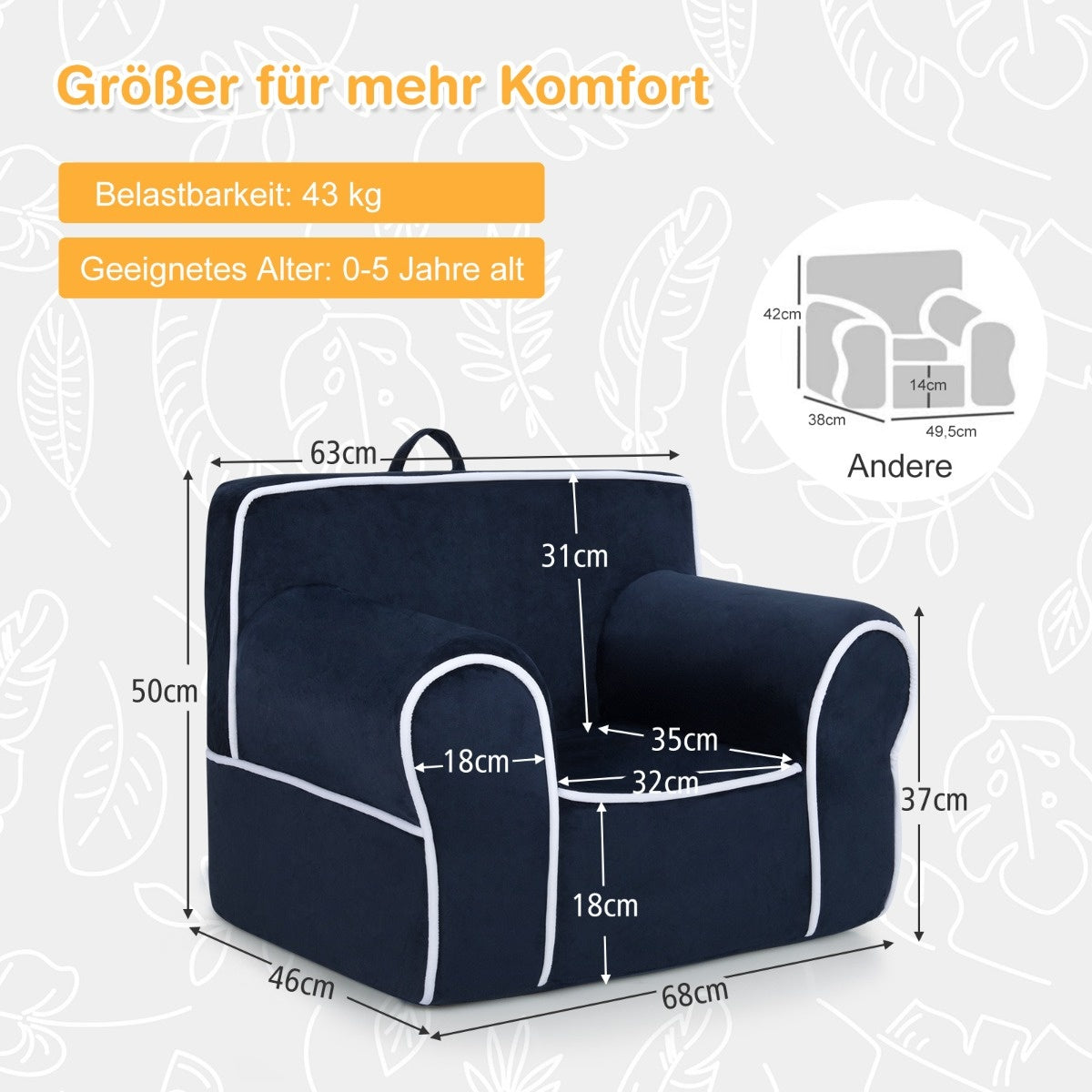 Coast Kinderfauteuil Donkerblauw – 69 x 46 x 50 cm – Zachte Fluwelen Peuterstoel met Schuimvulling