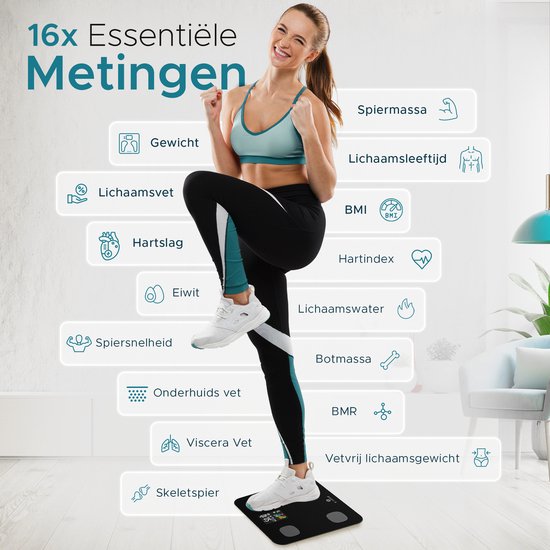 e.volve Weegschaal Personenweegschaal Digitaal - 16 Metingen - Slimme Weegschaal met Lichaamsanalyse - Precisie Weegschaal - Weegschalen - Digitale Weegschaal - Incl. App