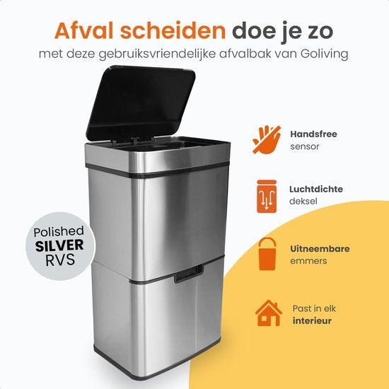 Goliving Automatische Prullenbak Afvalscheiding 64 Liter – Sensor Afvalbak – Handsfree sensor – Afvalemmers – Vuilnisbak voor Binnen – RVS – 40L + 2x12L + 8L – Zilver