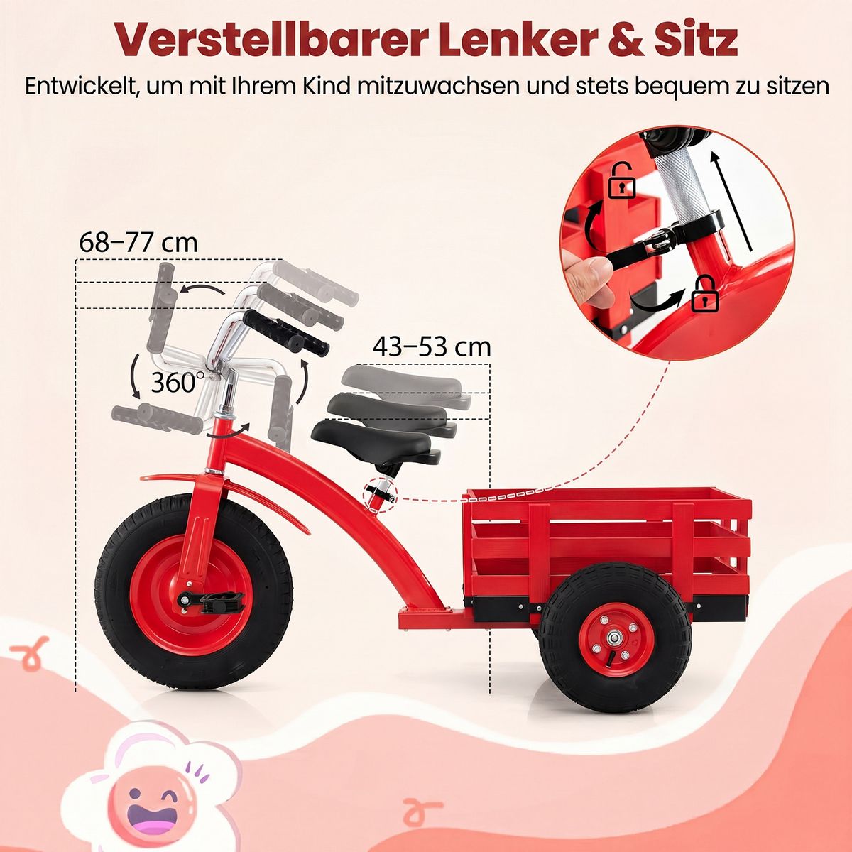 Coast Kinderdriewieler met verstelbaar stuur en zadel - met aanhanger - rood