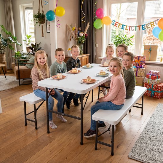 LifeGoods Inklapbare Picknickset - 124cm x 61,5cm - Tuintafel met 2 Banken - Weerbestendig - Campingtafel - Biertafel Opklapbaar - Voor Binnen en Buiten - Voor 4 tot 6 Personen - Wit
