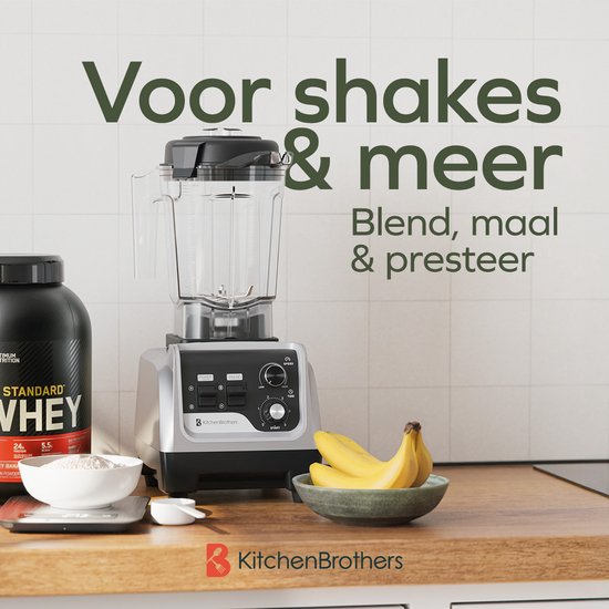 KitchenBrothers Power Blender - 1600W - 2L - Smoothie Maker - IJscrusher - Metallic Grijs