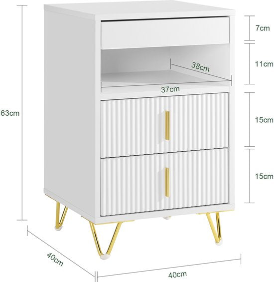 SoBuy Nachtkastje, nachtkastje met 3 laden en plank, moderne bijzettafel voor slaapkamer en woonkamer, wit, 40 x 40 x 63 cm (b x d x h) FBT168-W