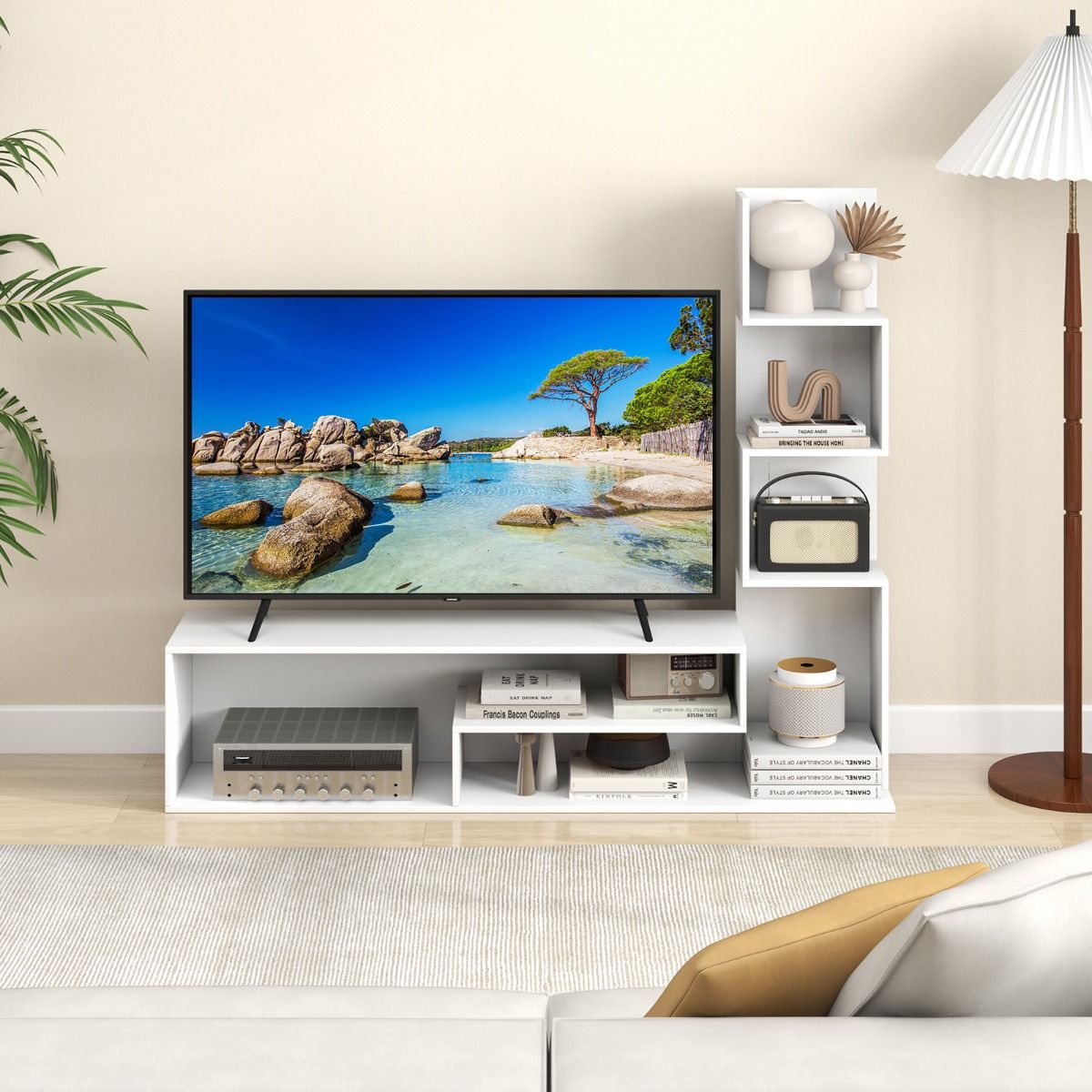 Coast TV-meubel - kubusvormig - L-vormige opbergplanken - wit/bruin - voor tv's tot 50 inch