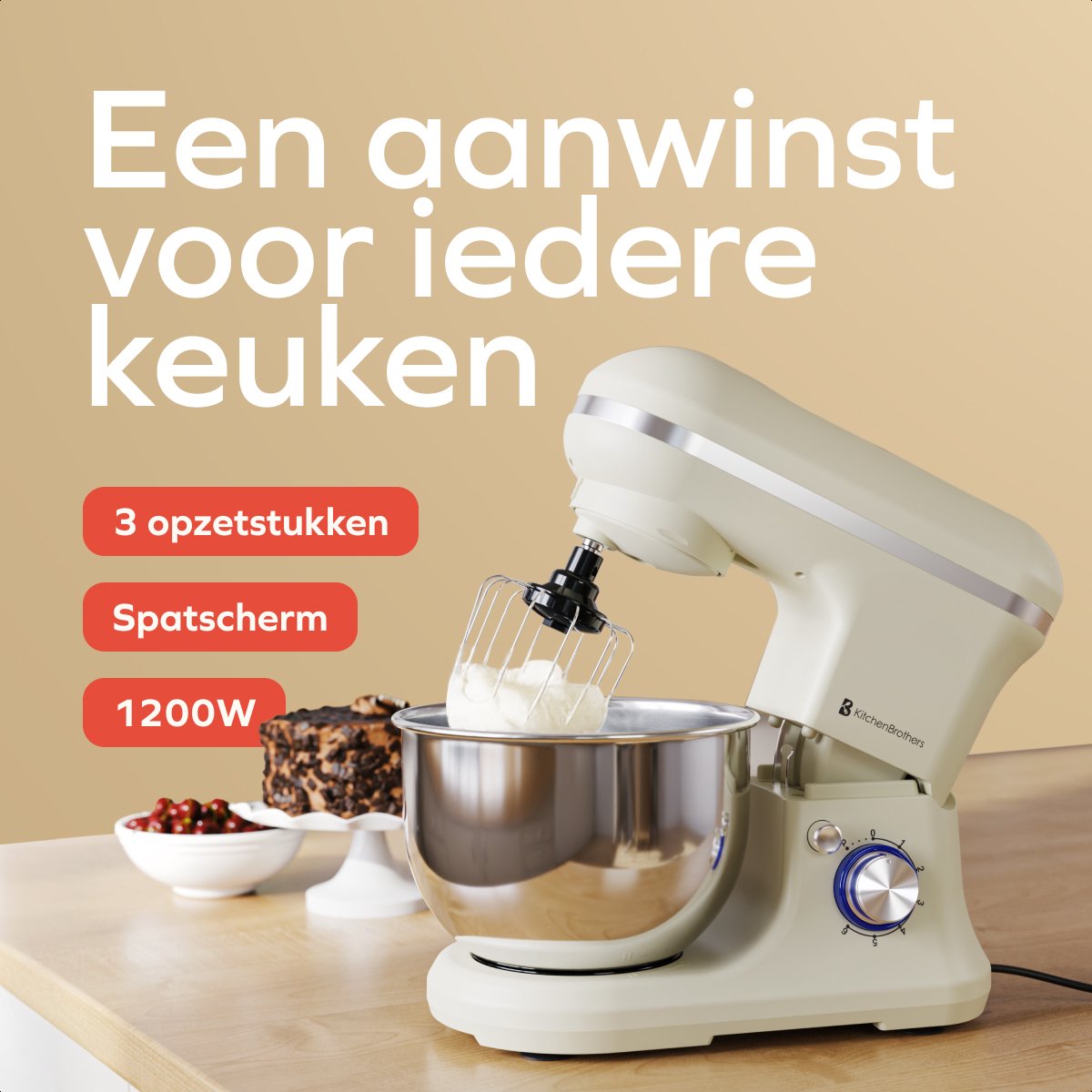 KitchenBrothers Keukenmachine – 1200W – 5L Mengkom – 6 Snelheden + Pulse – Keukenrobot met Kneedhaak, Garde & Menghaak – Champagne