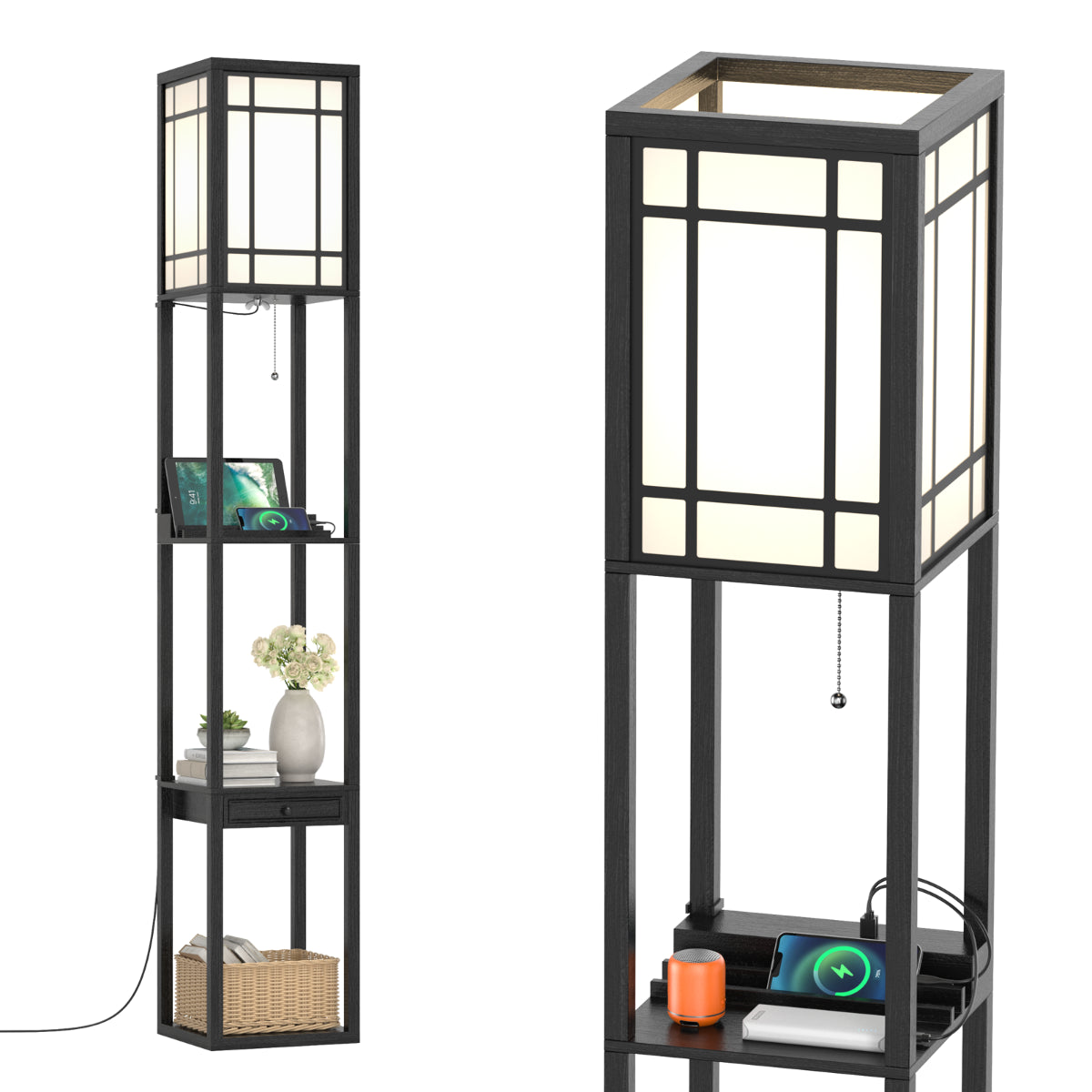 Coast Staande Vloerlamp met 3 Open Vakken - 2 USB-Poorten - 26 x 26 x 161 cm - Zwart