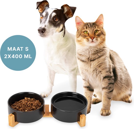 Voerbak Hond - Voerbak Kat - Drinkbak - Met Standaard - 2x 400 ml - Maat S - Zwart