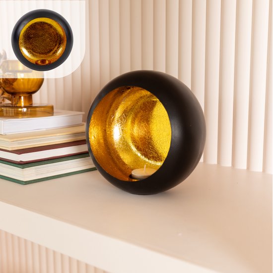 Gadgy Waxinelichthouder Rond - Theelichthouders - Kerst Decoratie Woonkamer - Sfeerverlichting Binnen - Kaarsenhouders voor Waxinelichten 17x17 cm - Windlicht Metaal - Zwart/Goud - Cadeau voor Vrouw