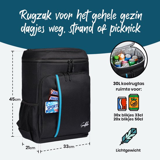 Sunflake Koelrugzak Groot 30 Liter - Koeltas Rugzak met Flessenopener – XXL Koel Backpack voor Heren & Dames - Koelrugtas - Zwart