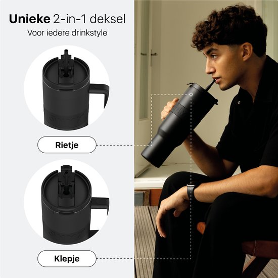 ONYX Drinkfles met Rietje 1 Liter - Waterfles voor Kinderen & Volwassenen - Thermosbeker RVS Travel Mug - Motiverende Drinkbus - Drinkbeker voor School - Onyx Black