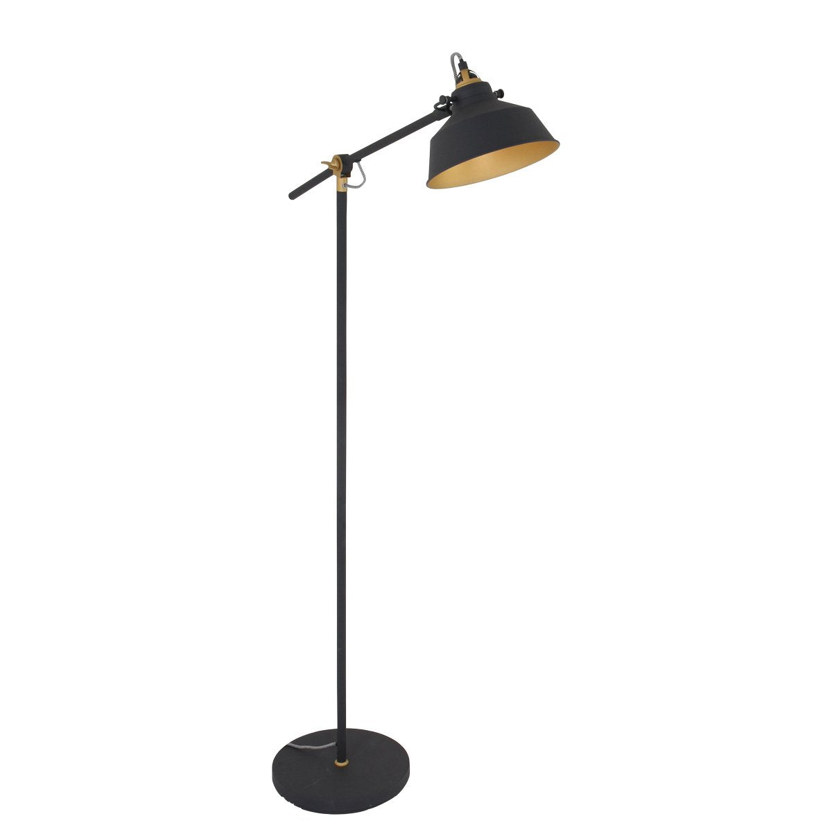 Zwarte Vloerlamp Nove 1322ZW - Draaibare & Kantelbare Industriële Lamp met Goudkleurige Details, E27 Fitting, Metaal & Kunststof - Mexlite
