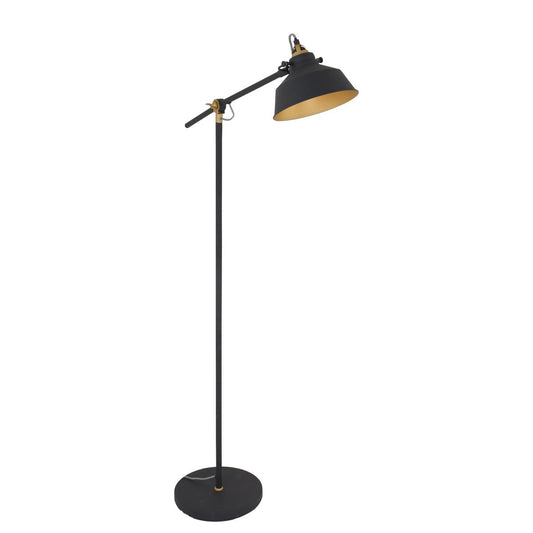 Zwarte Vloerlamp Nove 1322ZW - Draaibare & Kantelbare Industriële Lamp met Goudkleurige Details, E27 Fitting, Metaal & Kunststof - Mexlite