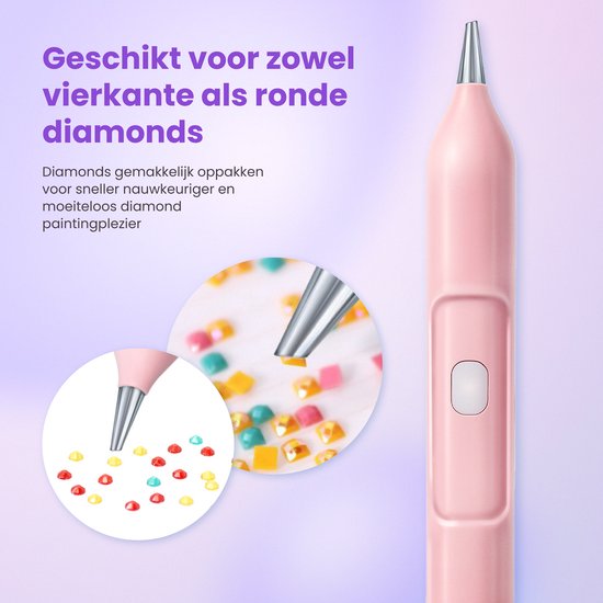 Rubye® – Elektrische Diamant Schilder Pen – Met Vacuümtechniek – Oplaadbaar via USB-C – Comfortabel in Gebruik – Voor Ronde en Vierkante Steentjes – Roze