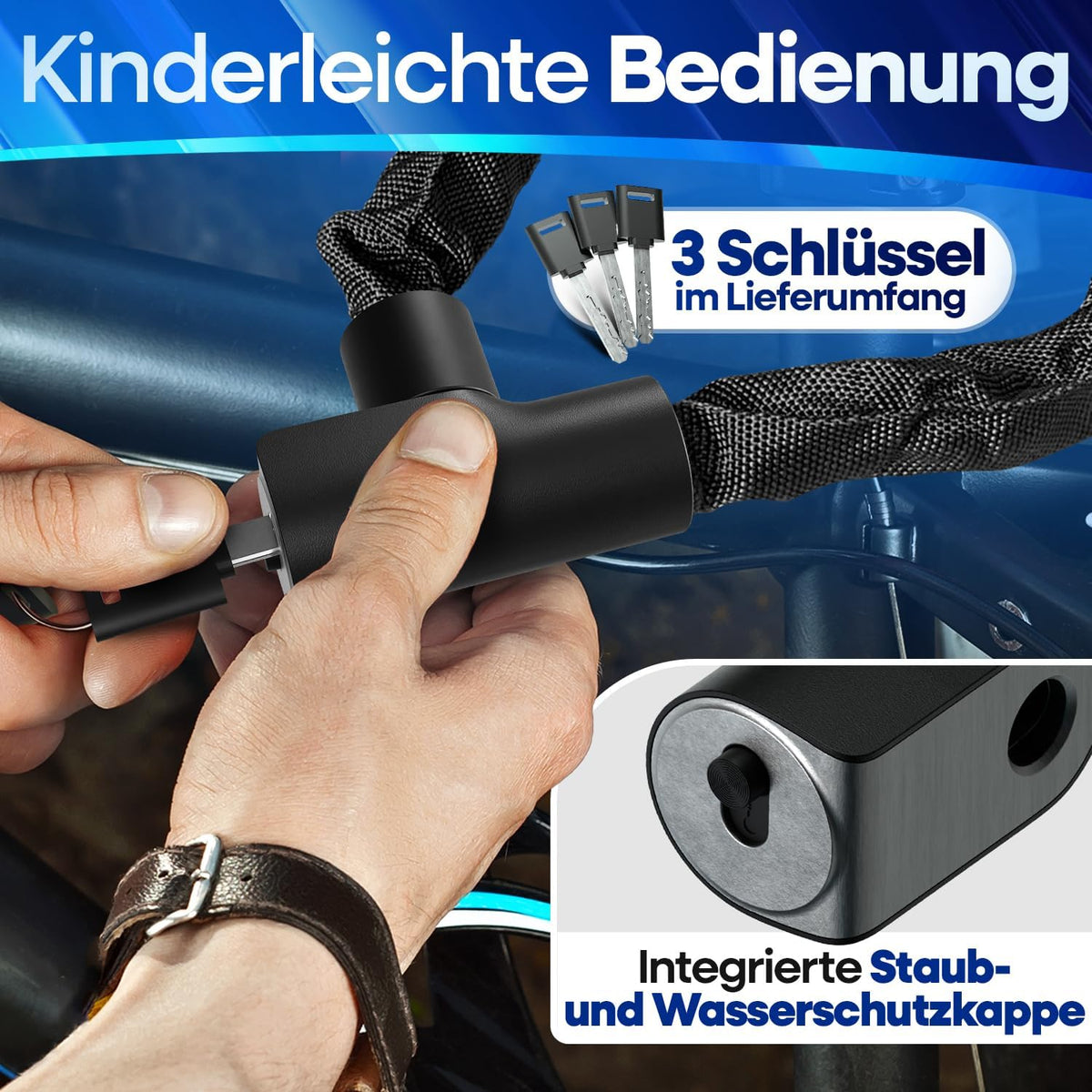 NEXTCOVER® Fietsslot LockOne met sleutel I - [VEILIG] Fietsslot hoge veiligheid I robuust & duurzaam kettingslot fiets I Fietsslot, fietsslot 3 sleutels