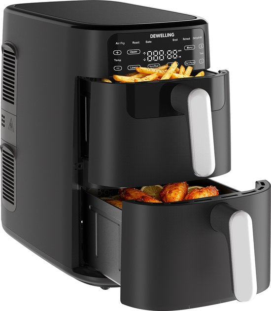 Airfryer met dubbele laag - 2700W Krachtig Vetvrij Frituren - 10L Heteluchtfriteuse met dubbele lade en verticale constructie bespaart 50% ruimte - 6 programma's - Grote capaciteit voor thuisgebruik - Inclusief Receptenboek