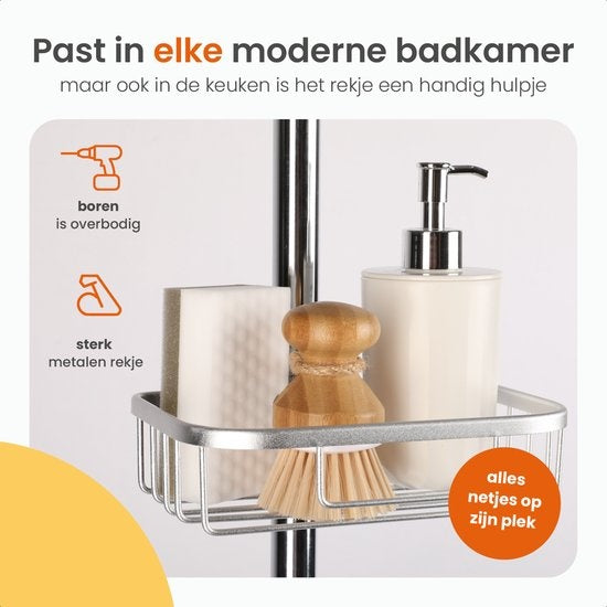 Goliving Doucherek hangend - Doucherekje - Zonder Boren - Keukenrek - Gootsteen Organizer - Badkamer Accessoires - 19,5 cm - Set van 2 - Zilver