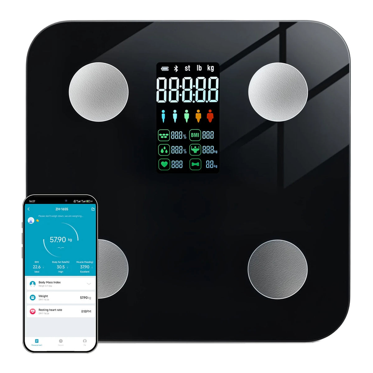 Sparoma ZJ08 Digital Bathroom Scale with Color LCD – Battery-Powered (4×AAA Not Included), Bluetooth Body Fat & Heart Rate Monitor with App Tracking