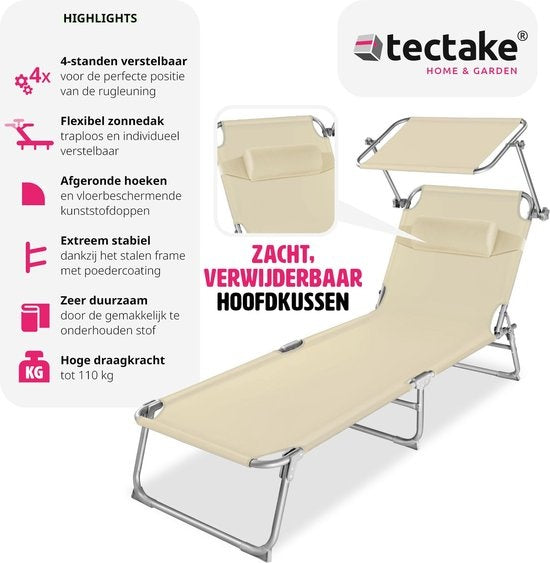 tectake® - ligstoel, robuust, verstelbaar, stalen onderstel met zonnescherm, 4-standen rugleuning inclusief hoofdkussen, strandstoel Ideaal voor tuin, zwembad, camping– beige - 68 x 190 x 28 cm