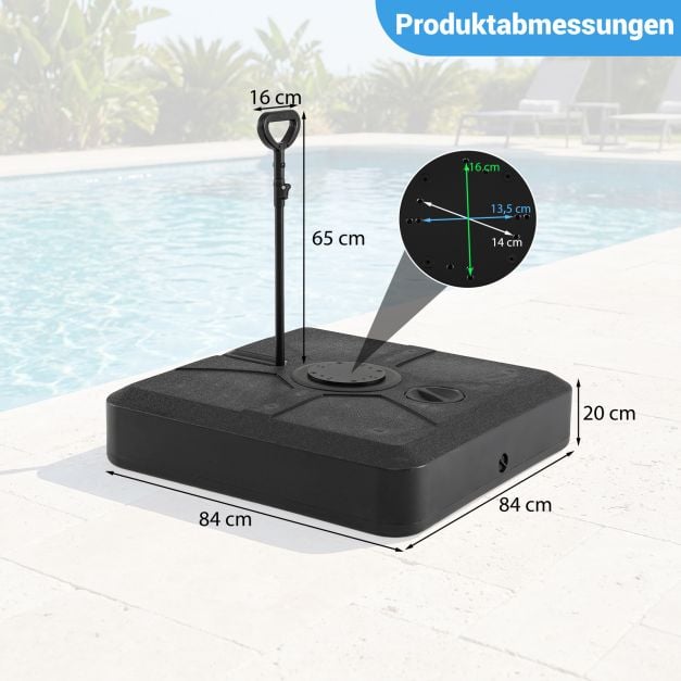Coast Parasolvoet 84 × 84 × 20 cm – Verrijdbare Vulbare Parasolstandaard tot 150 kg met 4 Wielen & Uitschuifbare Trekstang – Zwart