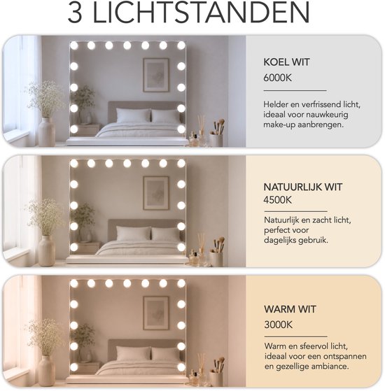 Lumirex Hollywood Spiegel 58x46 cm - Make-up Spiegel met Verlichting - 15 LED Lampen - Dimbaar - 3 Lichtkleuren - Smart Touch - Netstroom - Visagie Spiegel - Wit