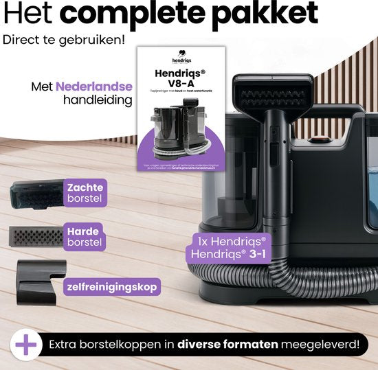 Hendriqs® 3-1 Tapijtreiniger 65°C met Anti-Verstopping Functie | Hoogste Zuigkracht in zijn Klasse - Draagbare Vlekkenreiniger Bank, Textiel, Matras - Zetelreiniger met Opzuig - Stoomreiniger - Bank Reiniger - Meubelreiniger - Reinigingsmachine