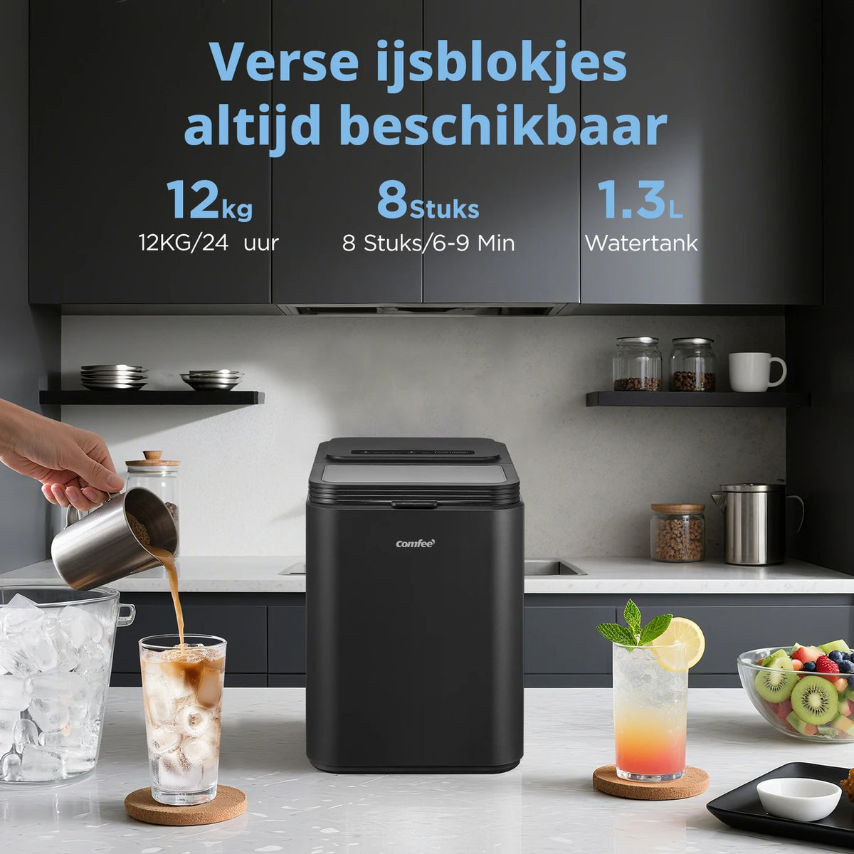 Comfee IJsblokjesmachine RCI12BL1EU - 12 kg ijs per dag - Zelfreinigend - 29,5 x 21,3 x 29,5 cm - Zwart