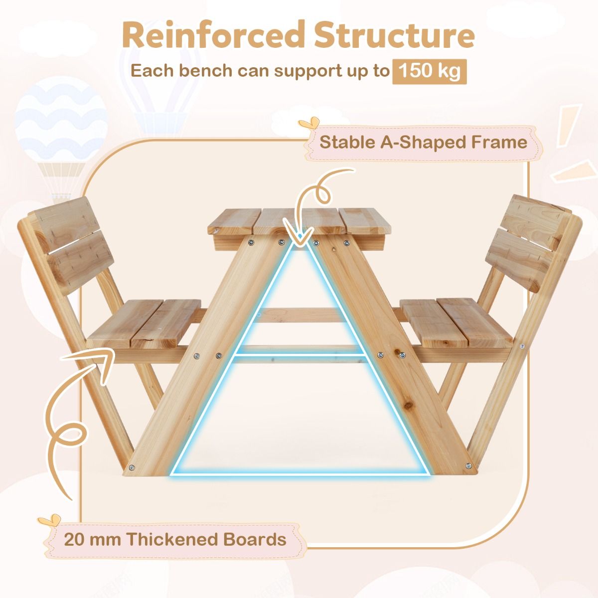 Coast Kinderpicknicktafel - houten peutertafel en bankenset - met rugleuning - naturel