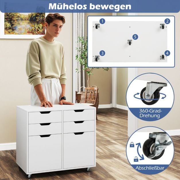 Coast Verrijdbare Archiefkast – 4 Laden en 2 Deuren – 73 x 40 x 64,5 cm – Wit