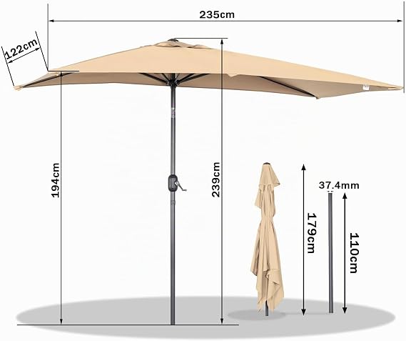 Angel Living Vierkante Tuinparasol 2,5 x 1,3 m – Beige, Terracotta, Crème of Grijs – UV-bescherming UPF 50+