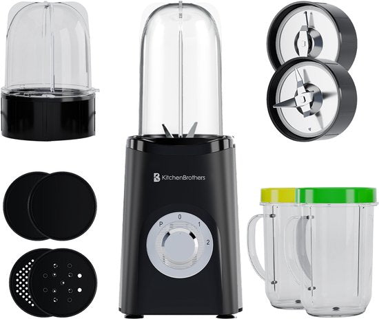 KitchenBrothers Smoothieblender – Incl. 4 Bekers & 2 Mesjes – 350 W – 14 x 14 x 30 cm – Zwart