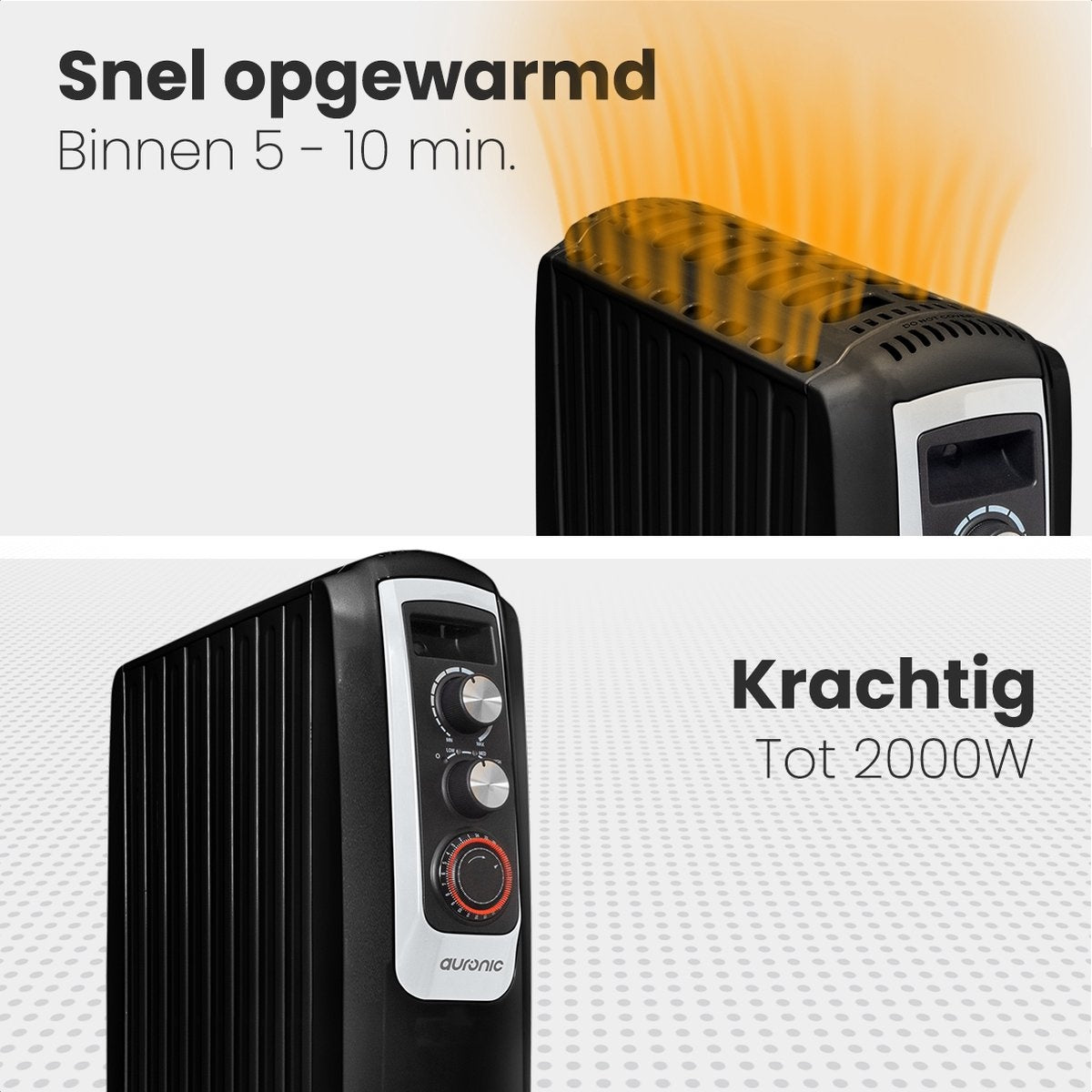 Auronic Elektrische Kachel – Olieradiator Met Thermostaat En Timer – 2000W – Compact En Mobiel – 47,5 x 26 x 67 cm – Zwart