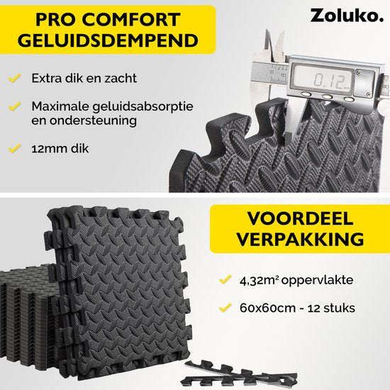 Zoluko Puzzelmat - 60x60x1.2 cm - 12 stuks - 4.32m² - Puzzel Mat - Puzzelmatten - Speelmat Foam - Baby speelmat - Foam Tegels - Rubber Tegels - zwembad tegels - zwembadtegels - Vloertegels - fitnessmat - fitness mat - Yoga Mat - Thuis Sporten – Zwart