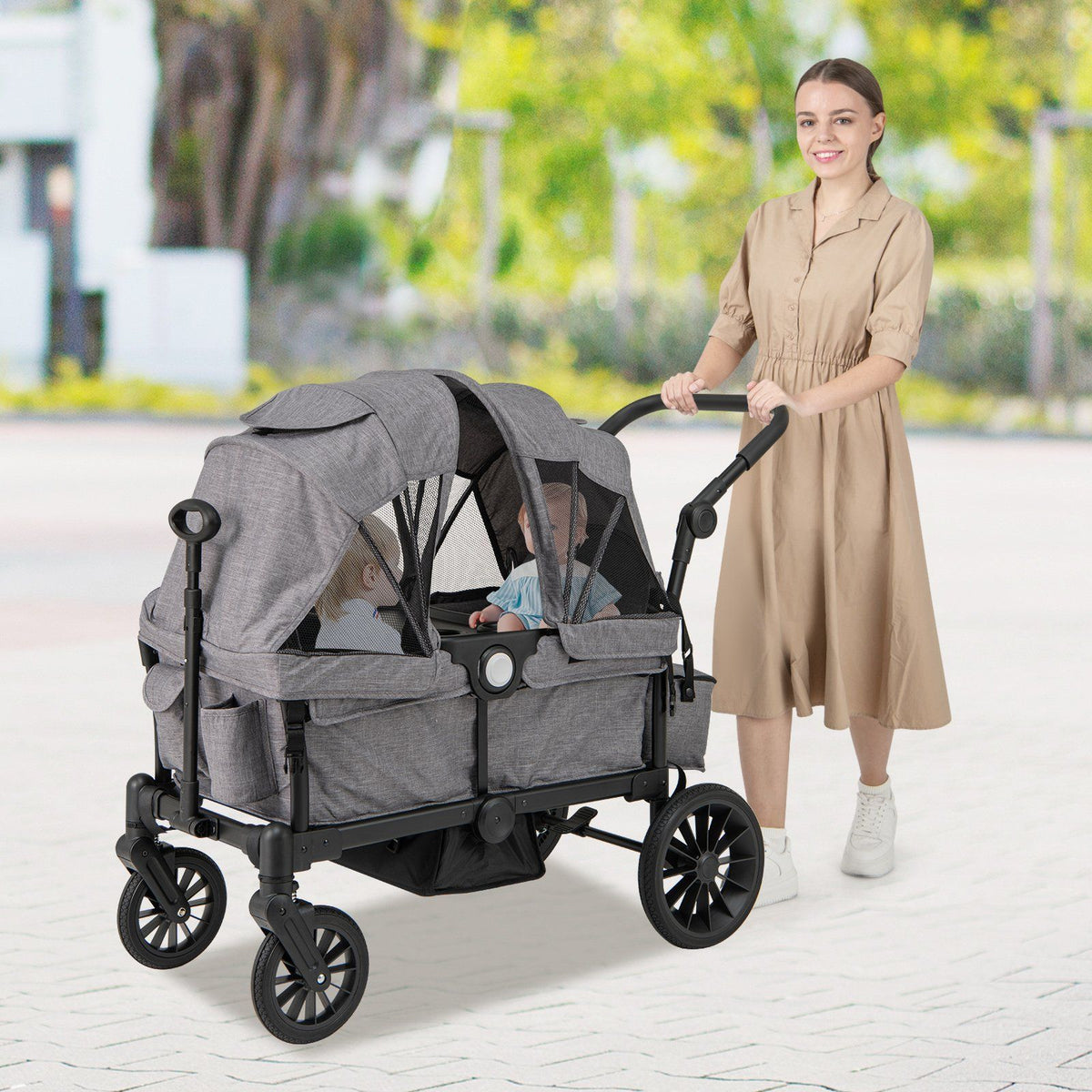 Coast 2-in-1 Opvouwbare Geschwisterwagen - Grijs - 104 x 57 x 107 cm – Verstelbare Handgreep & Afneembare Kap
