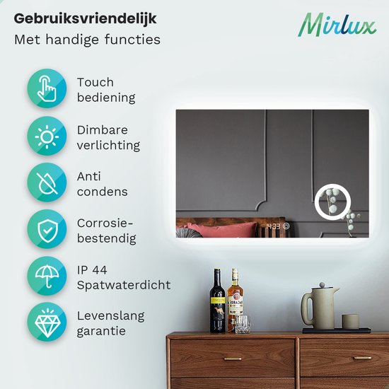 Mirlux Badkamerspiegel met LED Verlichting & Verwarming – Rechthoekige Wandspiegel – Anti Condens Douchespiegel - 120x80CM