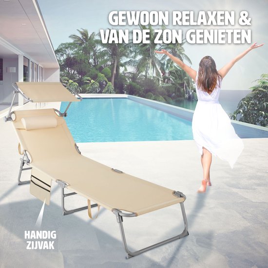tectake® - ligbed Zonnestoel ligstoel - 4 standen , inklapbaar – beige - 68 x 190 x 28 cm, met zijvak