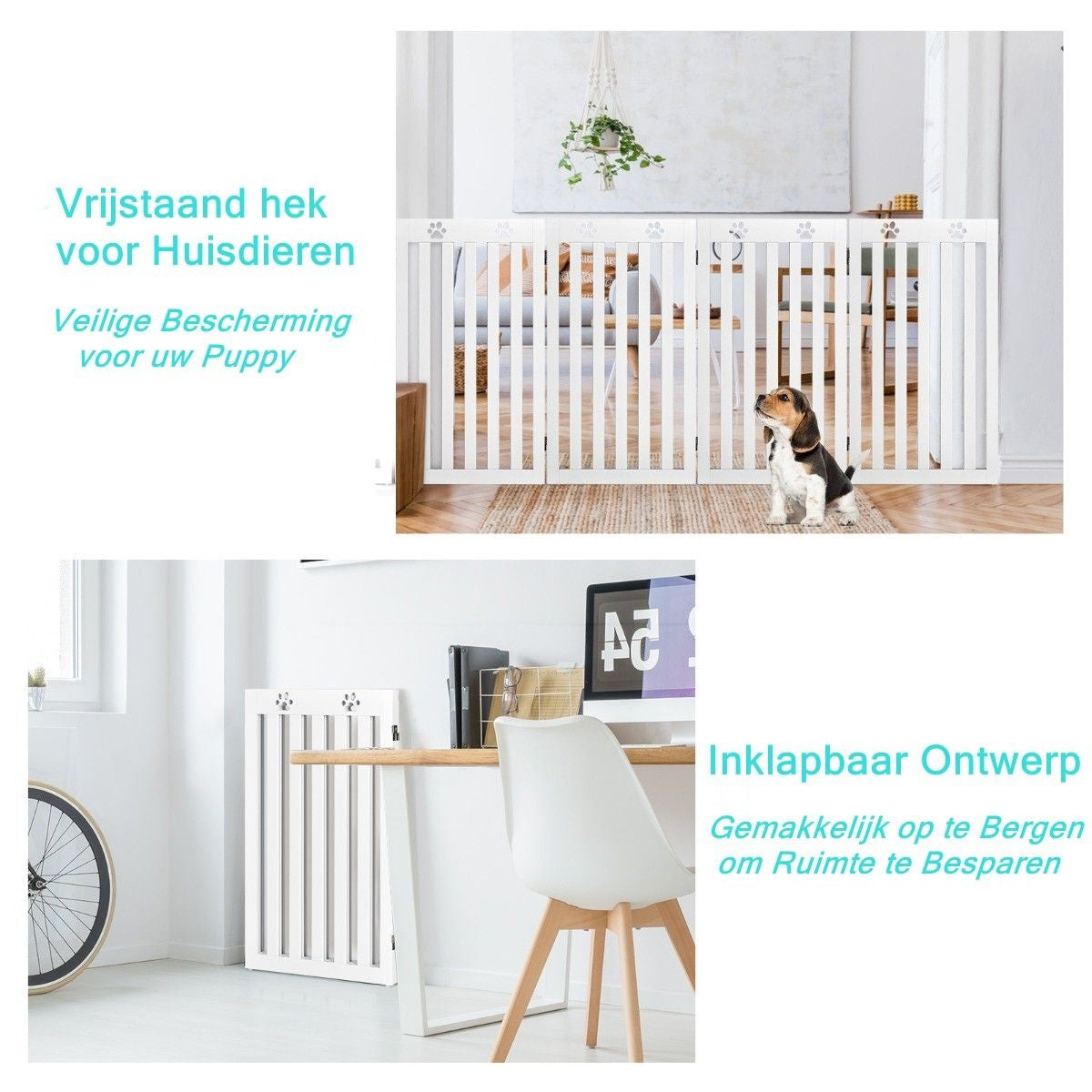 Vrijstaand Houten Hondenhek Opvouwbaar 3-delig Hondenhek met Flexibele Scharnieren Wit