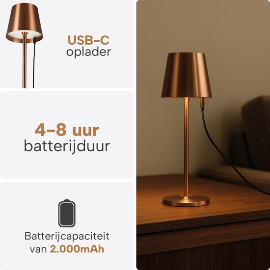 Draadloze Tafellamp - Draadloos en USB-C-Oplaadbaar – 3 LED Lichtkleuren – Binnen en Buiten – Set van 2 Stuks - Antraciet - BREND BR-2247