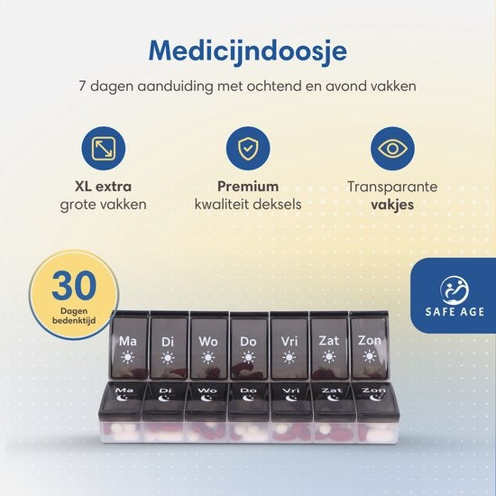 SafeLife XL medicijndoosje 7 dagen met ochtend / avond vakken - Nederlands - pillendoos - grote vakken - pillendoos 7 dagen