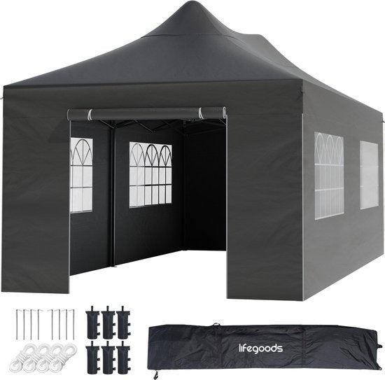 LifeGoods Partytent - Paviljoen - EasyUp - Opvouwbaar - 4 Zijwanden - Waterdicht - Met Draagtas met wieltjes - 300 x 600 cm - Antraciet